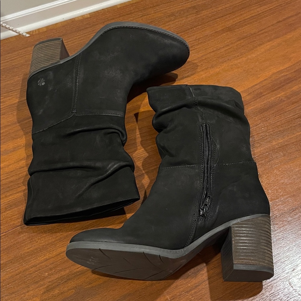 Lucky Brand Bitsie Midcalf Suede Stacked Heel Boots with Zipper